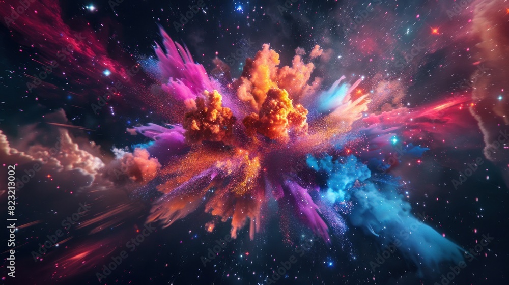 A colorful explosion on a dark space-themed background A colorful explosion on a dark space-themed background