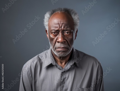 Bronze background sad black american independent powerful man. Portrait of older mid-aged person beautiful bad mood expression isolated on background racism skin © Zickert