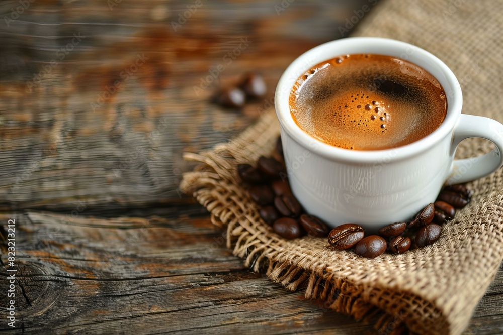 Cup of coffee on burlock cloth Cup of coffee on burlock cloth