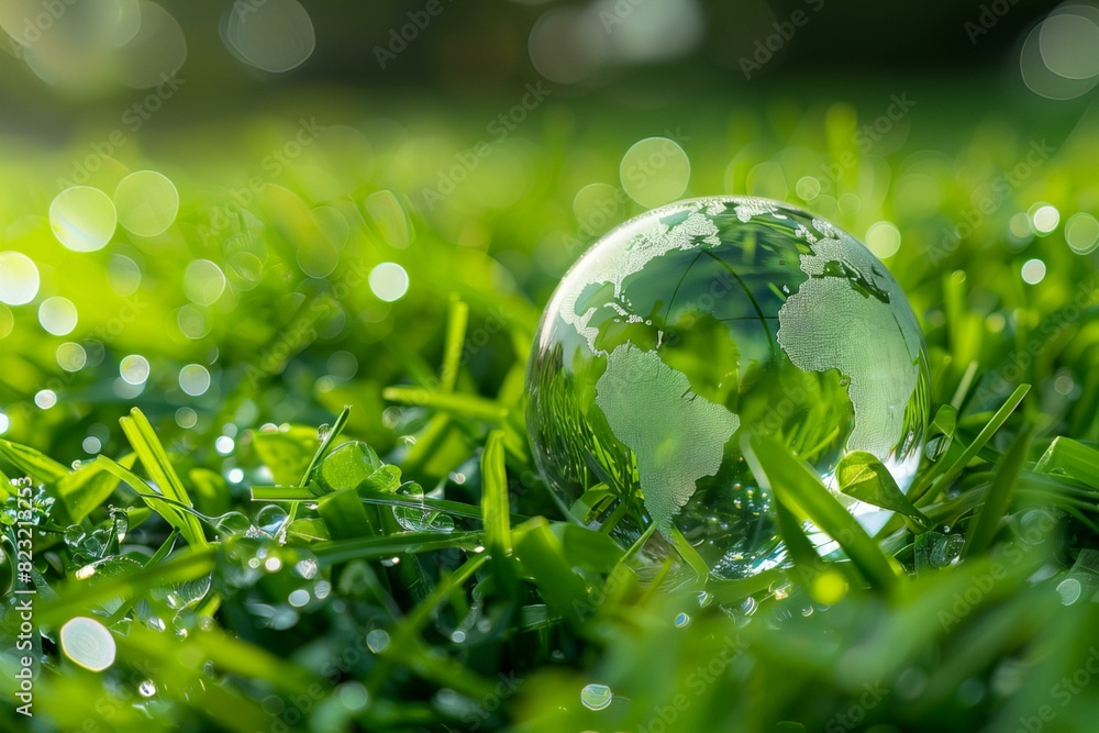 Glass globe on lush green grass field Glass globe on lush green grass field