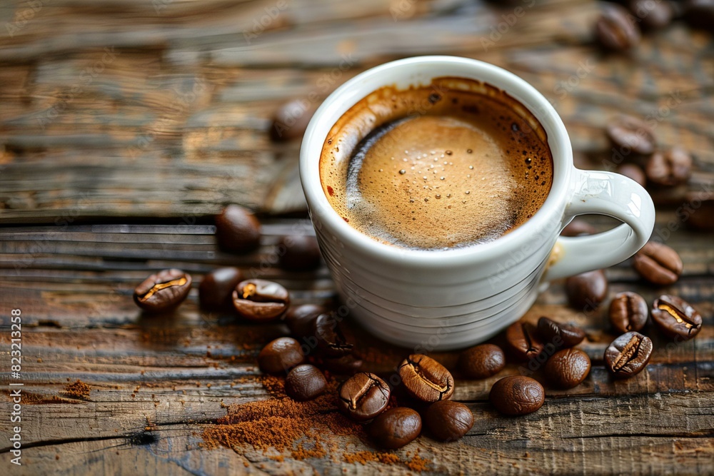 Cup of coffee and beans on table Cup of coffee and beans on table