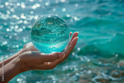 Person holding glass ball by ocean