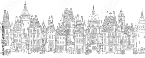 Christmas and New Year seamless border pattern. Fairy tale European houses street panorama for coloring book page. Hand drawn black and white sketch