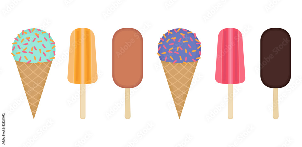 Ice cream set on transparent and white background. Brown chocolate popsicle. Red and orange popsicles. Waffle cone with green and lavender ice cream. Vector cartoon illustration. Ice cream set on transparent and white background. Brown chocolate popsicle. Red and orange popsicles. Waffle cone with green and lavender ice cream. Vector cartoon illustration.