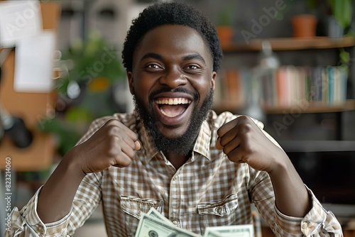 Man with beard holding money stack photo