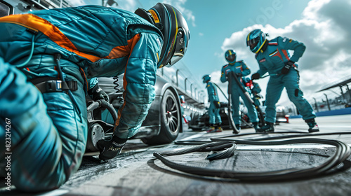 Racing team poised on the track for action. Pit crew in action during a tire change at a race track.