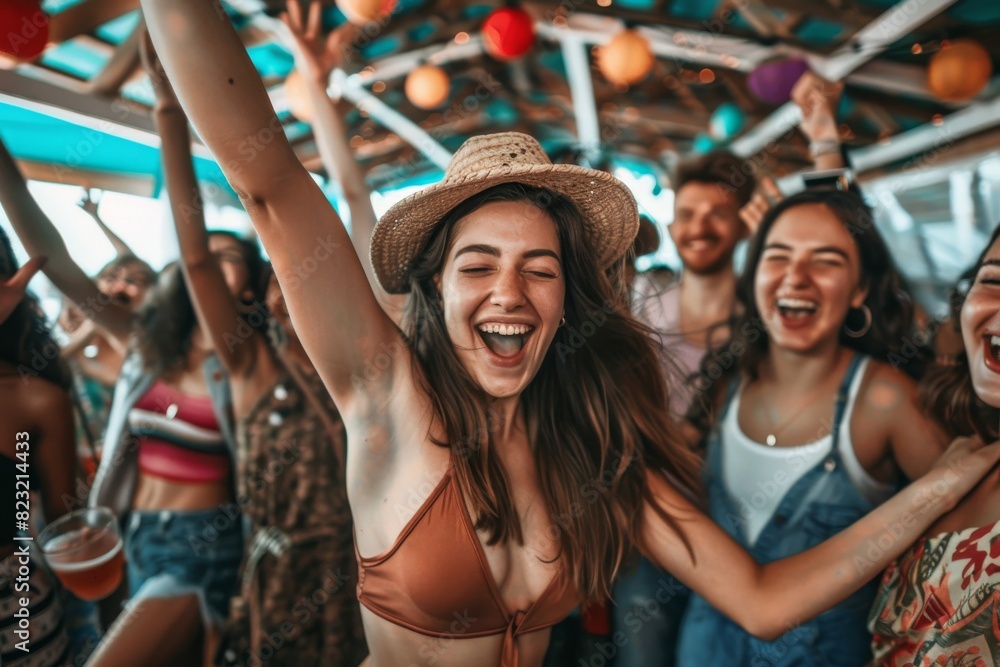 Group of young people having fun on a beach party. Group of young people having fun on summer vacation. Group of young people having fun on a beach party. Group of young people having fun on summer vacation.