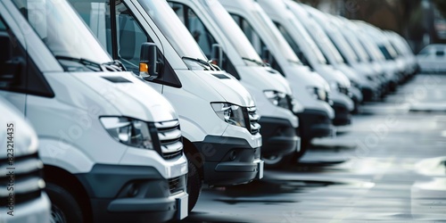 Row of new white vans parked in order, focus on first van