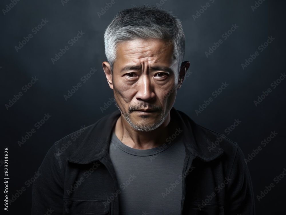 Charcoal background sad Asian man. Portrait of older mid-aged person beautiful bad mood expression boy Isolated on Background depression anxiety