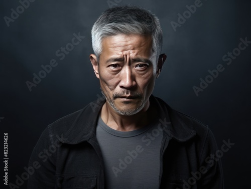 Charcoal background sad Asian man. Portrait of older mid-aged person beautiful bad mood expression boy Isolated on Background depression anxiety © Zickert