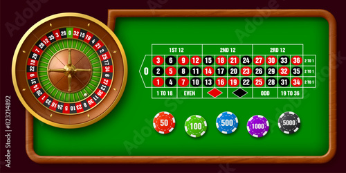 Casino roulette table. Vector gamble game background with spinning roulette wheel with alternating red and black numbered slots, green betting mat with wagering options, and chips indicating values