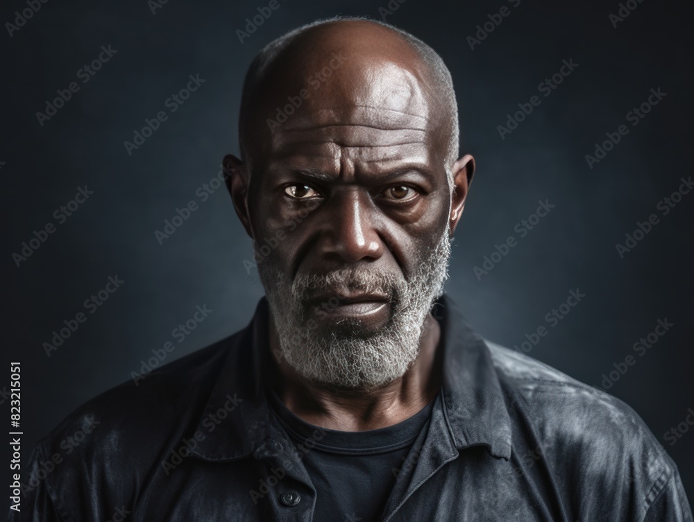 Charcoal background sad black American independent powerful man. Portrait of older mid-aged person beautiful bad mood expression isolated on background