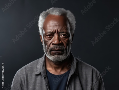 Charcoal background sad black American independent powerful man. Portrait of older mid-aged person beautiful bad mood expression isolated on background