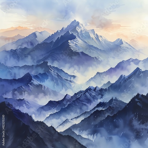 Stunning mountain landscape at sunrise with misty valleys and blue-hued peaks evoking tranquility and natural beauty.