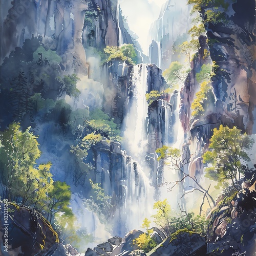 A stunning waterfall cascading down rocky cliffs surrounded by lush greenery, illuminated by soft sunlight in a serene mountain landscape.