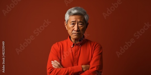 Coral background sad Asian man. Portrait of older mid-aged person beautiful bad mood expression boy Isolated on Background depression anxiety fear burn out health