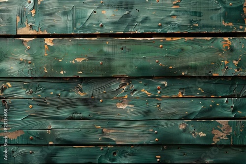 Peeling green wood wall closeup photo