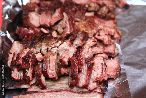 View of the sliced barbecue on the. tray