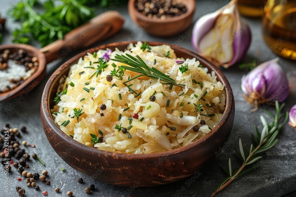 Sauerkraut - Fermented cabbage served in a rustic bowl with caraway seeds. Sauerkraut - Fermented cabbage served in a rustic bowl with caraway seeds.