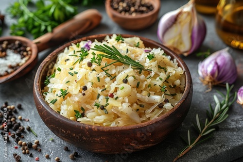 Sauerkraut - Fermented cabbage served in a rustic bowl with caraway seeds.  photo
