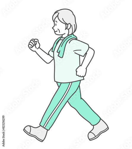 ウォーキングをするシニア女性のイラスト（半袖）