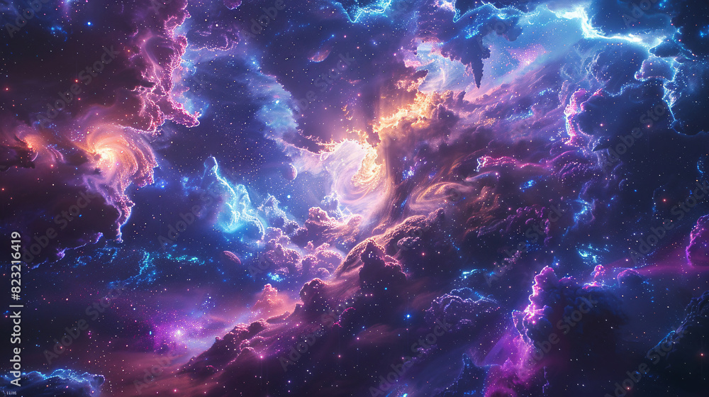 Futuristic space explorer, surrounded by purple and blue cosmic elements