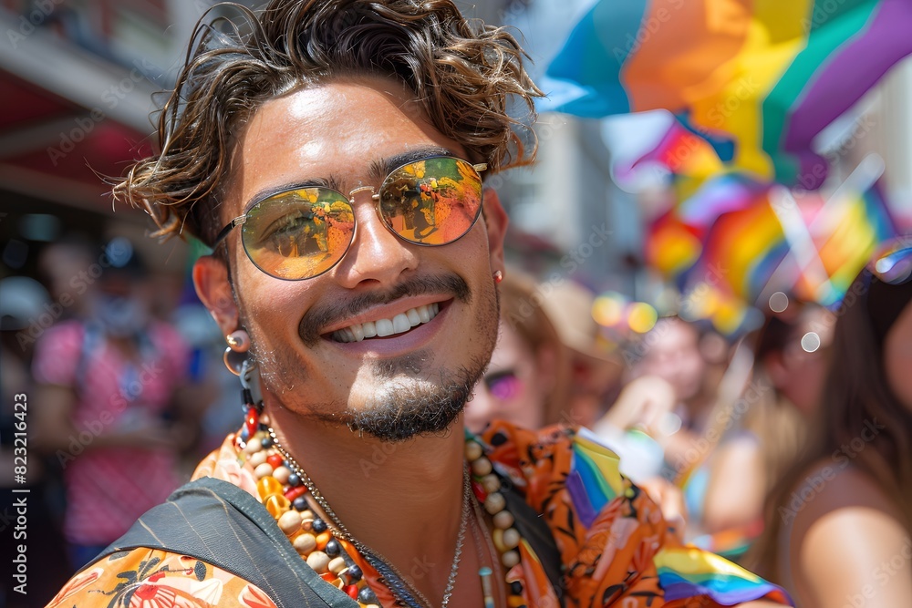 Joyful Celebration at LGBTQ Pride Parade - Colorful Flags and Smiling Man Highlighting Diversity and Inclusivity Joyful Celebration at LGBTQ Pride Parade - Colorful Flags and Smiling Man Highlighting Diversity and Inclusivity