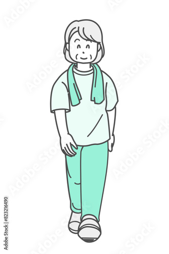 ウォーキングをするシニア女性のイラスト（半袖）