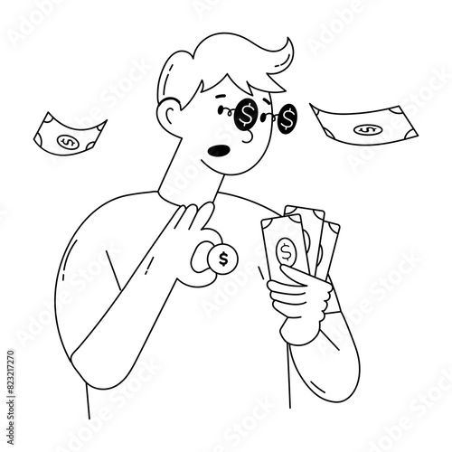 Get this doodle mini illustration of a greedy person 