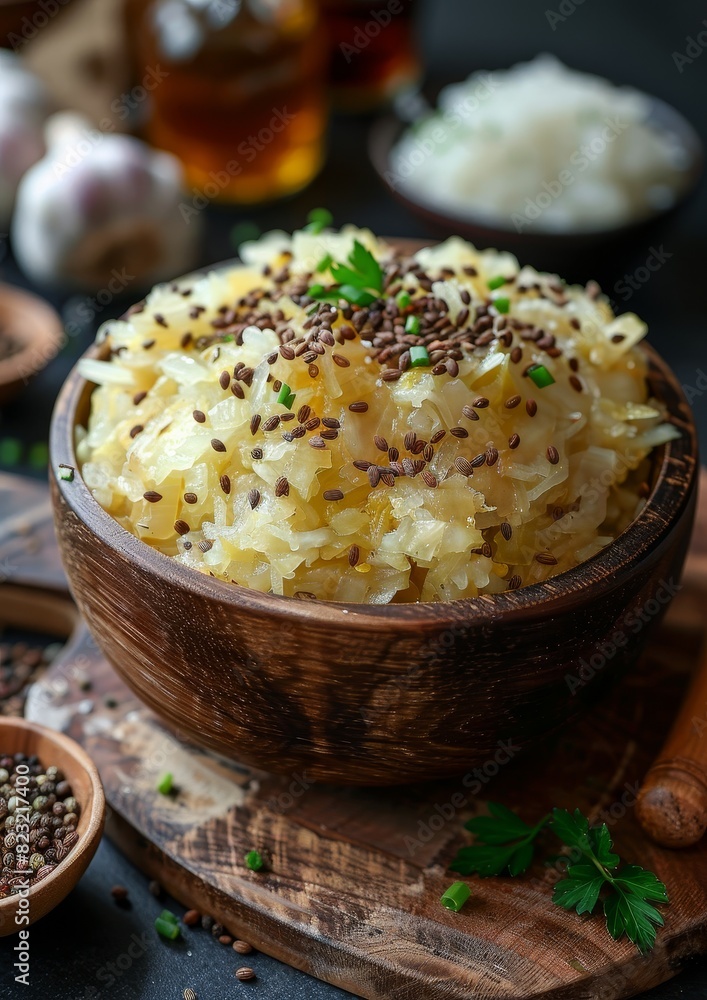 Sauerkraut - Fermented cabbage served in a rustic bowl with caraway seeds. Sauerkraut - Fermented cabbage served in a rustic bowl with caraway seeds.