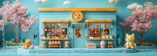 A miniature scene of the cute bear with bread shop, featuring a table filled with various types of pastries and cakes, along with an open oven for baking fresh cookies