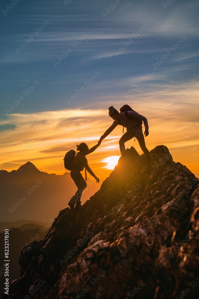 Two people holding hands and working together heading to the top of a mountain where the sunrise rises Two people holding hands and working together heading to the top of a mountain where the sunrise rises