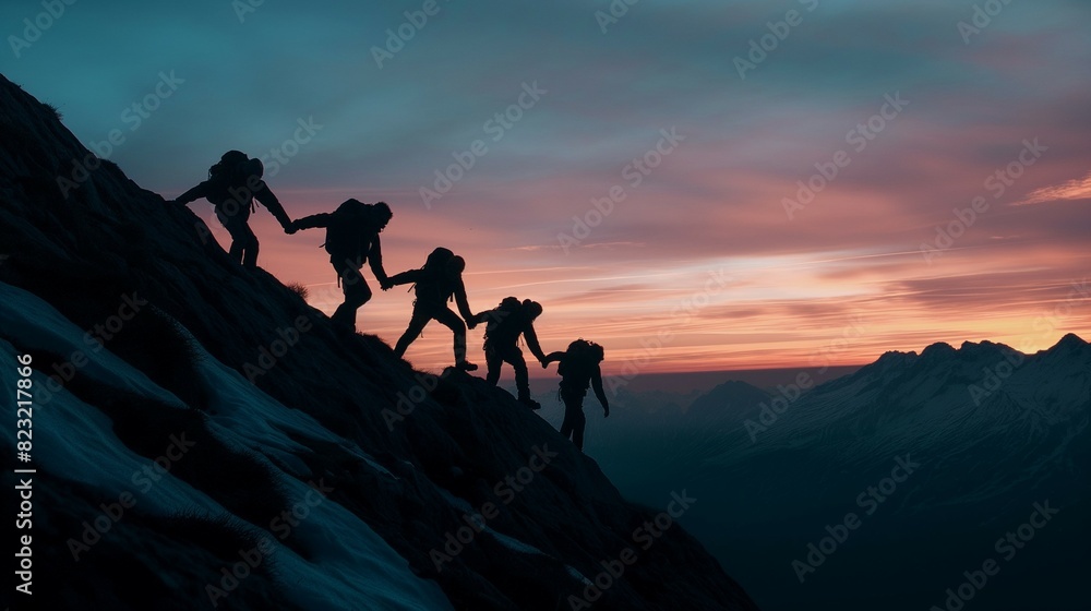 A group of people holding hands and working together to climb a mountain