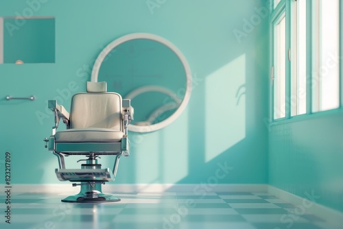 Barber chair with mirror in back in barber shop