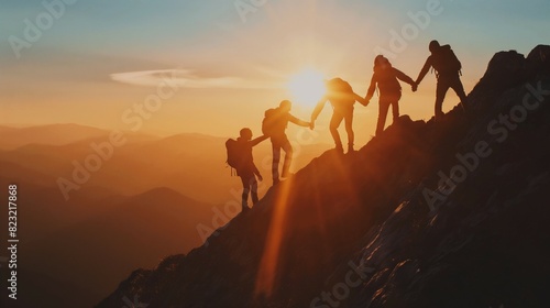 A group of people holding hands and working together to climb a mountain