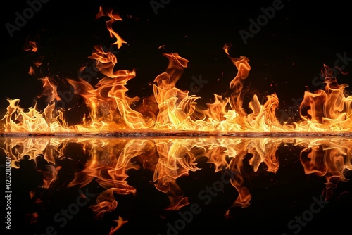 Fire reflecting in water as flames rise