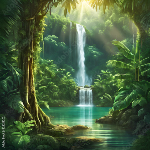 waterfall in a lush jungle with sunlight shining through the trees
