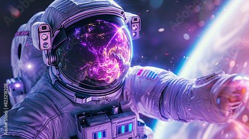 Heroic astronaut in a glowing purple suit, exploring a futuristic galaxy © wasan