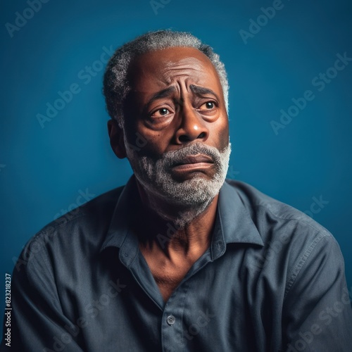 Cyan background sad black American independent powerful man. Portrait of older mid-aged person beautiful bad mood expression © Zickert