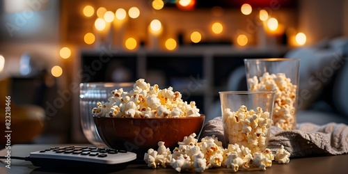 Table basse avec télécommande télé et popcorn pour une soirée cinéma à la maison. Concept Home Cinema Setup, Coffee Table with Remote, TV, Popcorn, Cozy Movie Night photo
