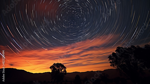 star trails and a tree in the desert at sunset