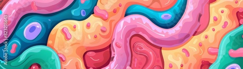 Intestines illustrated in flat design, focus on nutrient absorption, smooth and colorful representation , closeup, flat design, vector art, 2D photo
