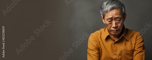 Gold background sad Asian man. Portrait of older mid-aged person beautiful bad mood expression boy Isolated on Background depression anxiety fear burn out health photo