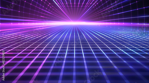 Neon glow blue and purple perspective grid, futuristic abstract background