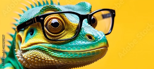Close-up of a lizard wearing glasses on a yellow background. photo