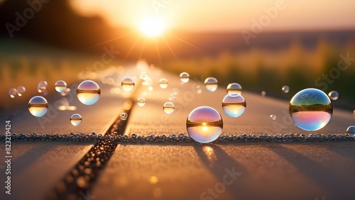 Bokeh bubbles float above glittering paths against the backdrop of a soft sunset. photo