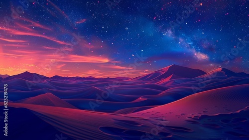 Stunning desert landscape with vibrant sunset colors  starry night sky  and rolling dunes creating a serene and captivating view.