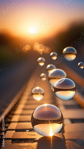 Bokeh bubbles float above glittering paths against the backdrop of a soft sunset. photo