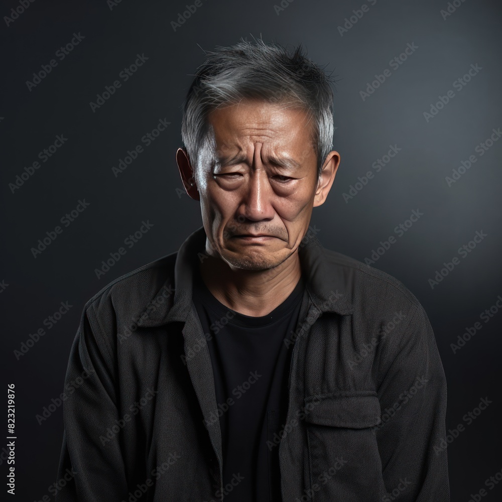 Gray background sad Asian man. Portrait of older mid-aged person beautiful bad mood expression boy Isolated on Background depression anxiety fear burn out health