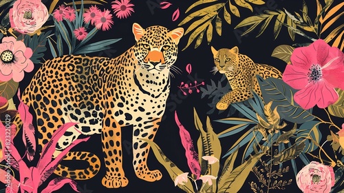 illustration of leopards in the jungle in children book style